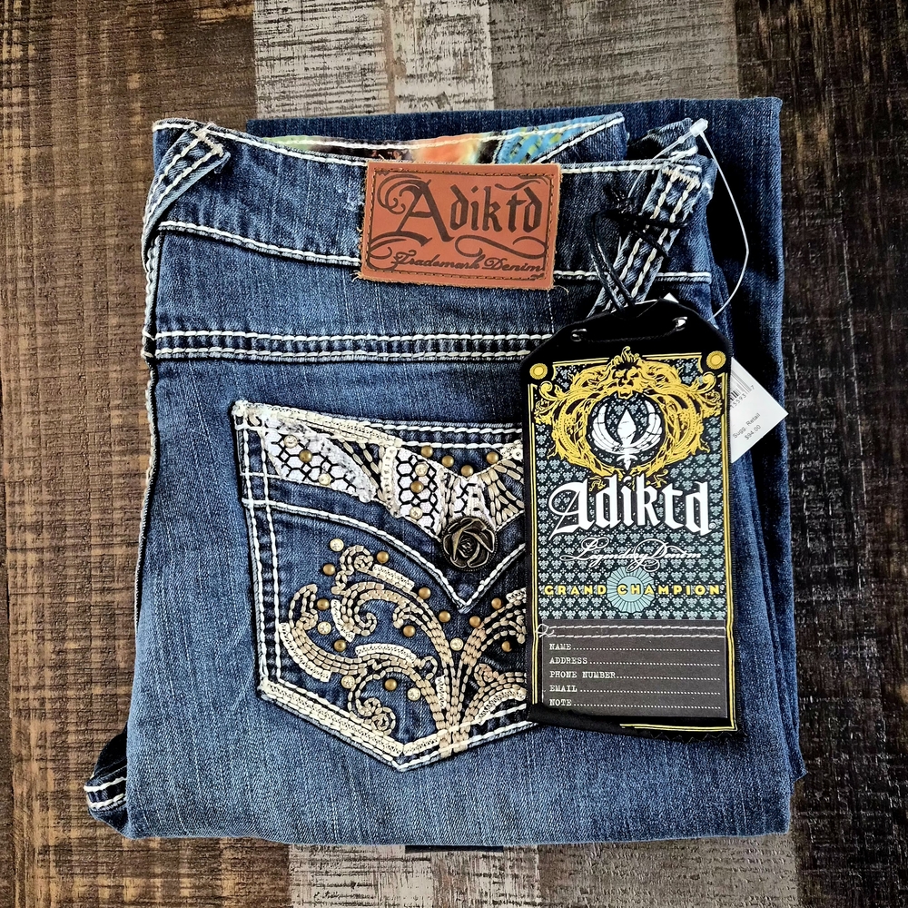 GORGEOUS Adikt Mid Rise Bootcut Jeans! Various Szs ~ Thick Stitch & Bling BNWT